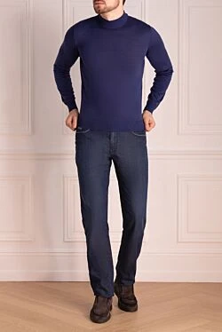 Men's jumper with a high stand-up collar made of wool, blue