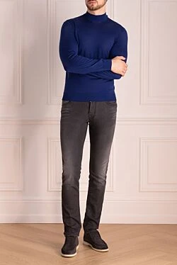 Men's jumper with a high stand-up collar made of wool, blue