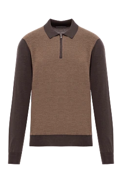 Long sleeve polo shirt in brown wool with contrast sleeves and collar