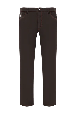 Men's brown jeans with decorative red stitching