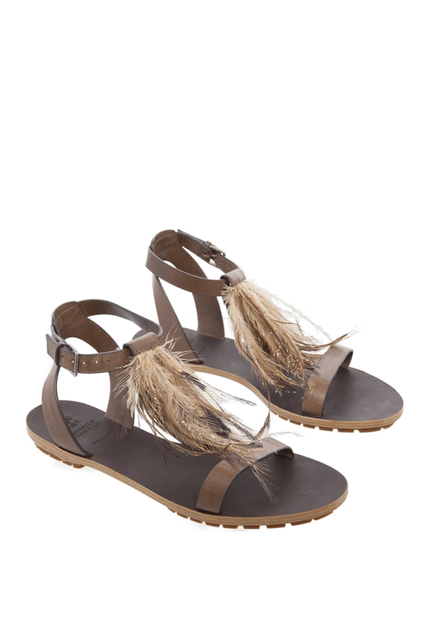 Brunello Cucinelli шлепанцы женские кожаные с украшением из перьев серые 130825 - фото 3