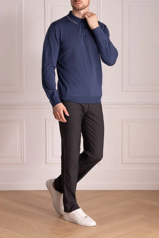 Cesare di Napoli man wool, silk and cashmere long sleeve polo blue for men купить с ценами и фото 131717 - photo 2