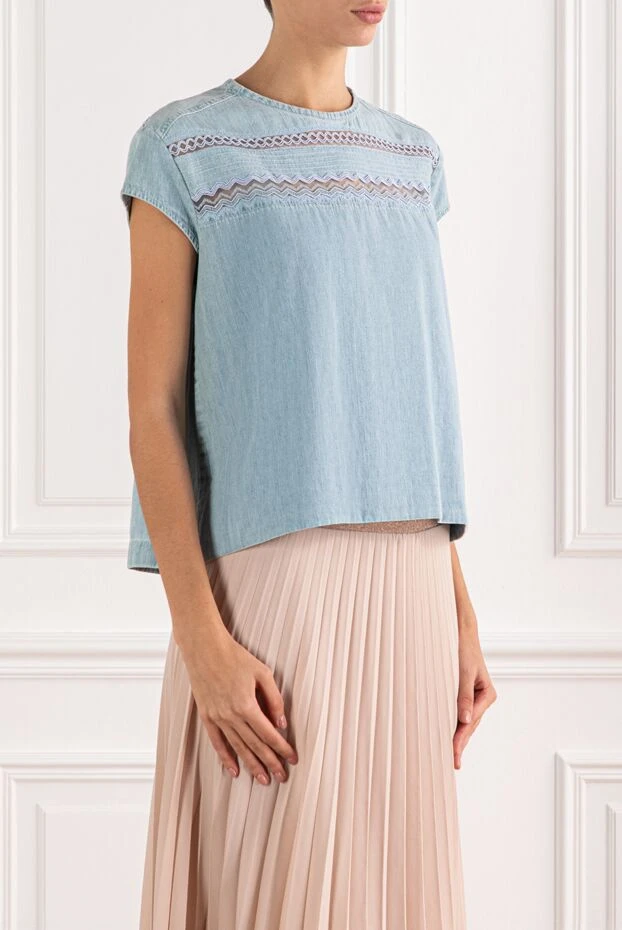 Ermanno Scervino джинсовая блузка голубого цвета с кружевной вставкой 132010 - фото 3