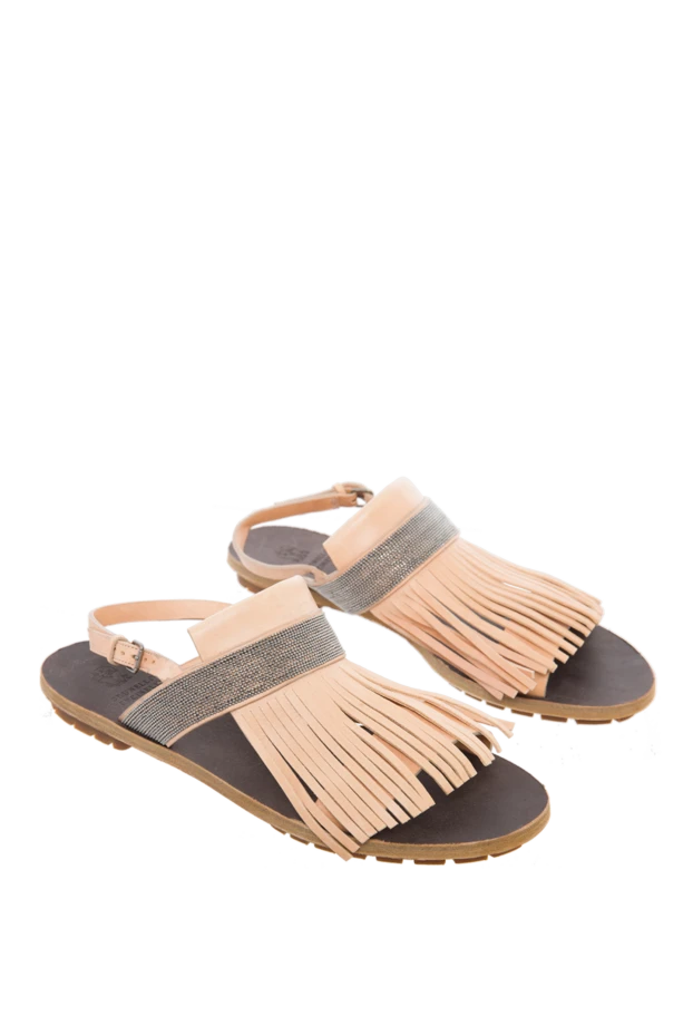 Brunello Cucinelli сандалии женские кожаные с бахромой и блестящей полоской бежевые 135602 - фото 3