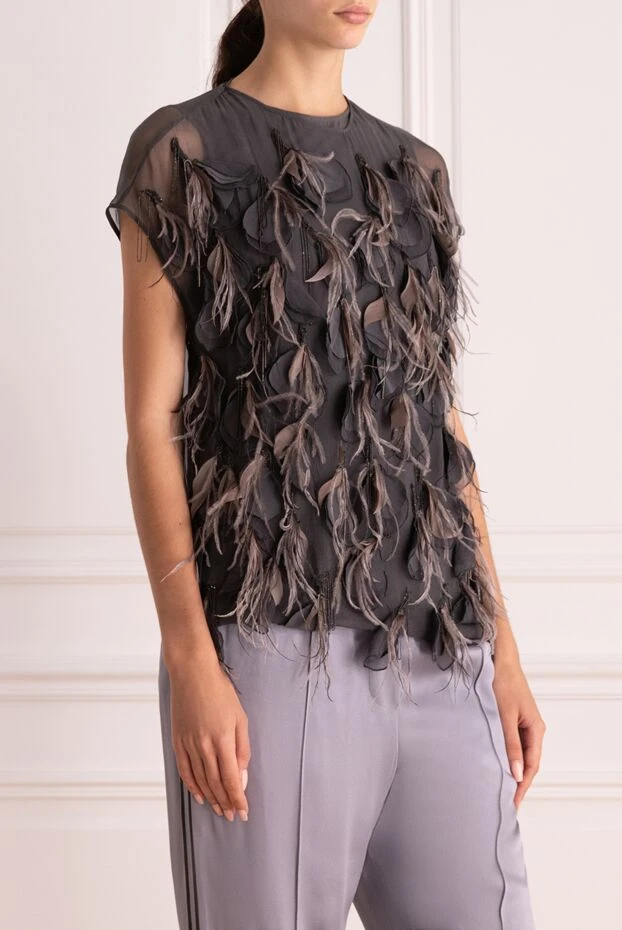 Brunello Cucinelli women's silk blouse decorated with feathers and fabric gray 136465 - photo 3