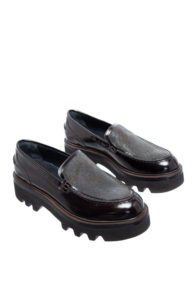 Brunello Cucinelli лоферы женские кожаные с блестящей серебряной вставкой коричневые 136622 - фото 3