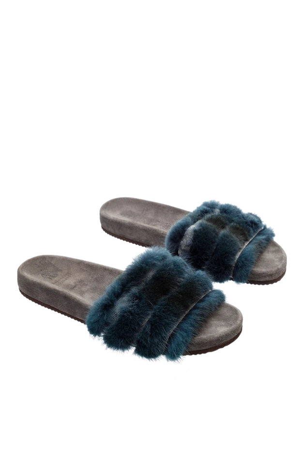 Brunello Cucinelli шлепанцы женские кожаные с мехом синие 136632 - фото 3