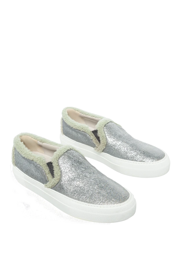 Brunello Cucinelli слипоны женские кожаные с овчиной серебряные 136635 - фото 3