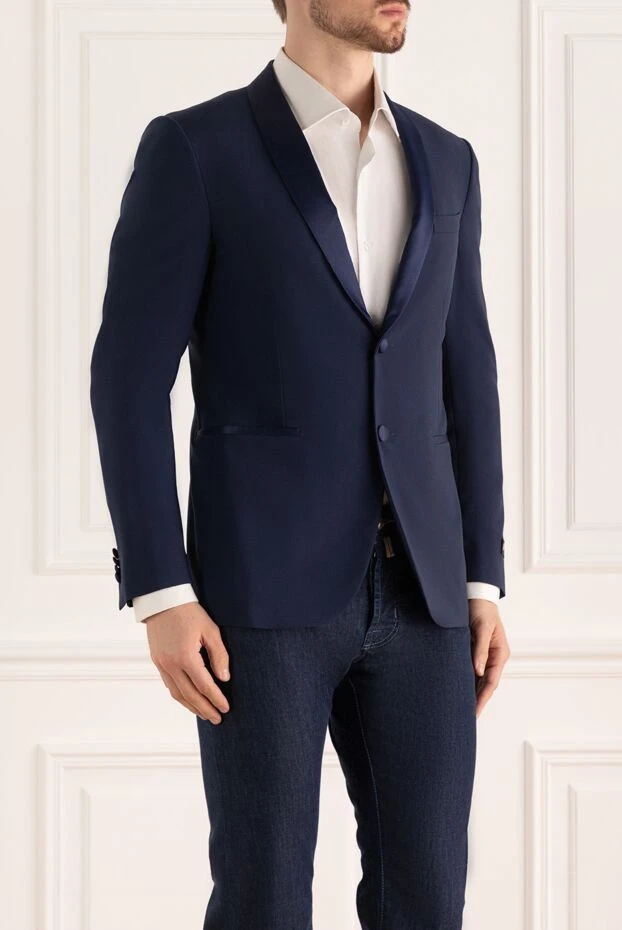 Corneliani көк түсті жүннен тоқылған атласты жағалы және бір төсті бекітетін күрте
 137621 - фото 3