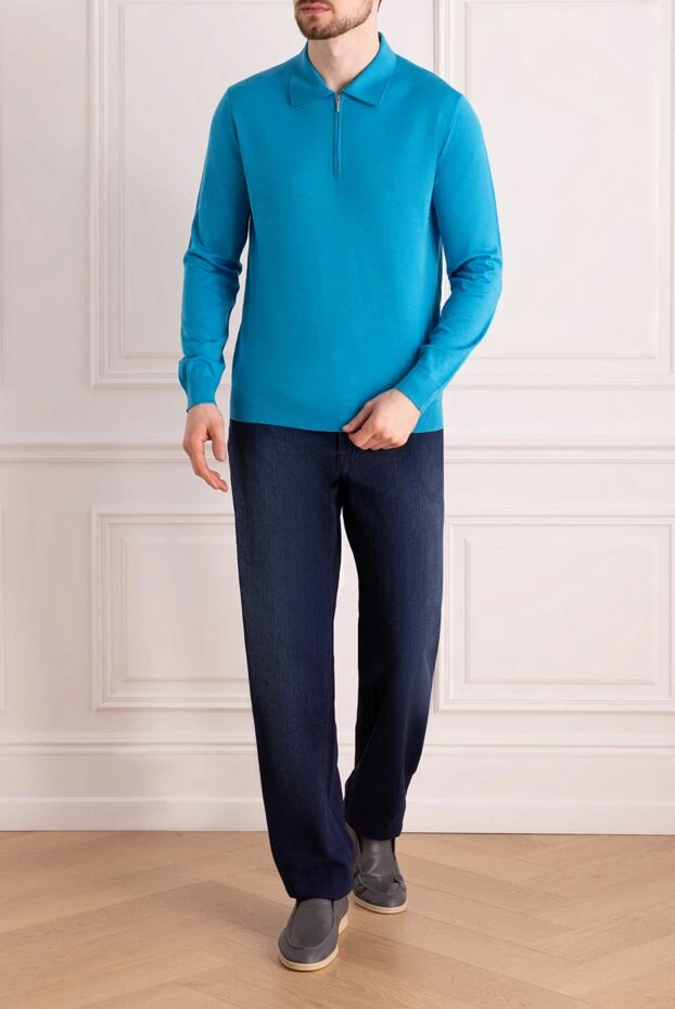 Cesare di Napoli man long sleeve polo in wool, silk and cashmere blue for men купить с ценами и фото 138430 - photo 2