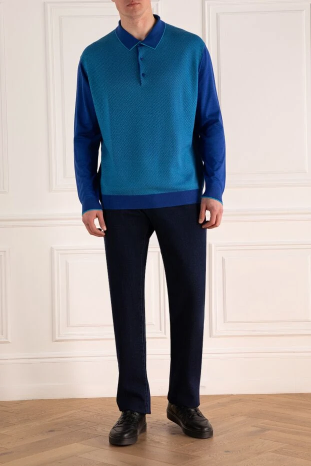 Cesare di Napoli man wool, silk and cashmere long sleeve polo blue for men купить с ценами и фото 138578 - photo 2