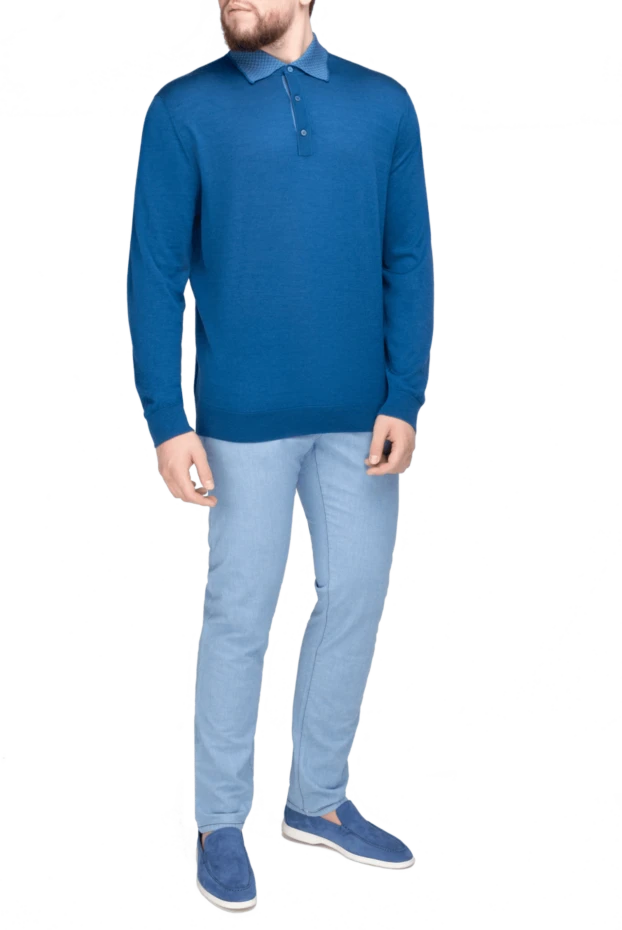 Cesare di Napoli man wool, silk and cashmere long sleeve polo blue for men купить с ценами и фото 138580 - photo 2