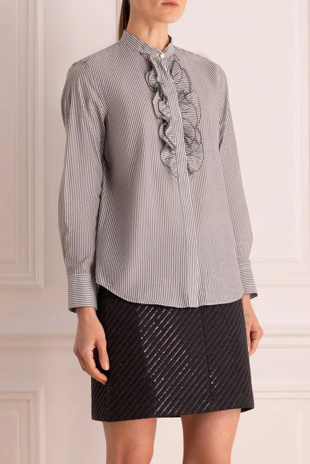 Brunello Cucinelli жолақты өрнекпен және рюштармен мақтадан жасалған әйелдер көйлегі сұр 138997 - фото 3