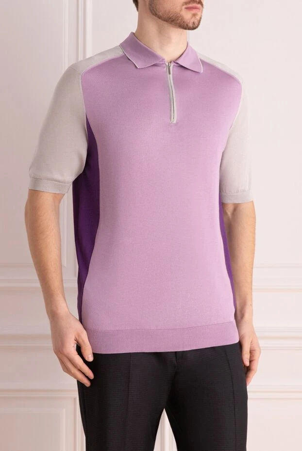 Cesare di Napoli ерлерге арналған найзағайлы қызғылт жібек поло жейде, контрастты бөліктермен 139698 - фото 3