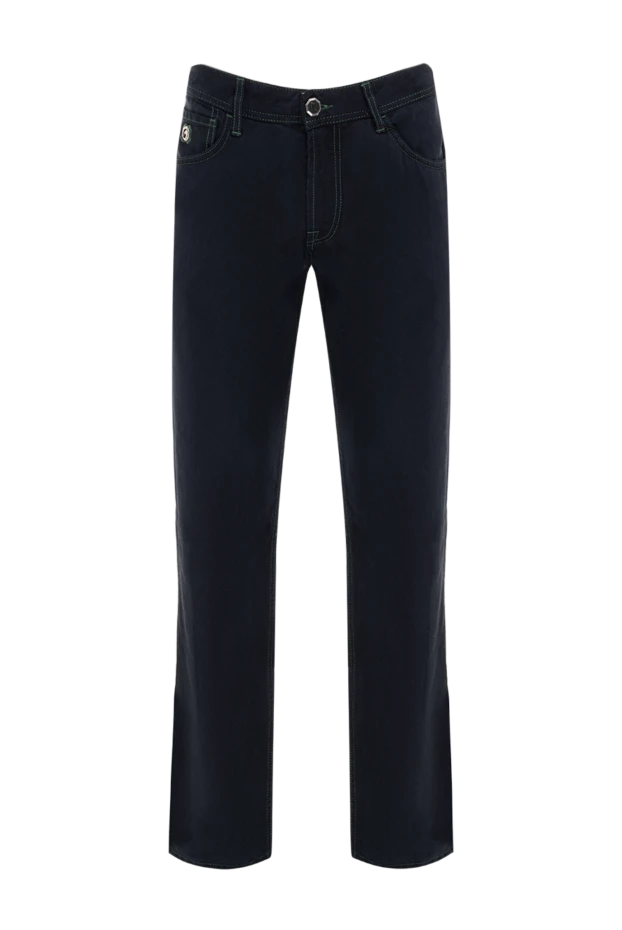 Темно синие джинсы с контрастной изумрудной строчкой - фото 1