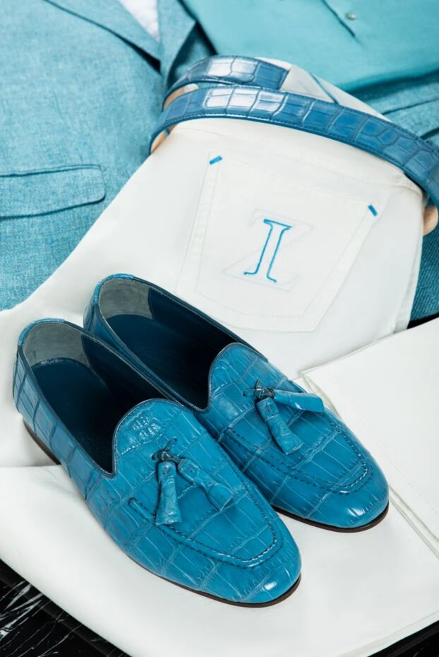 Cesare di Napoli лоферы-тасел из кожи крокодила голубые с кисточками мужские 140659 - фото 3