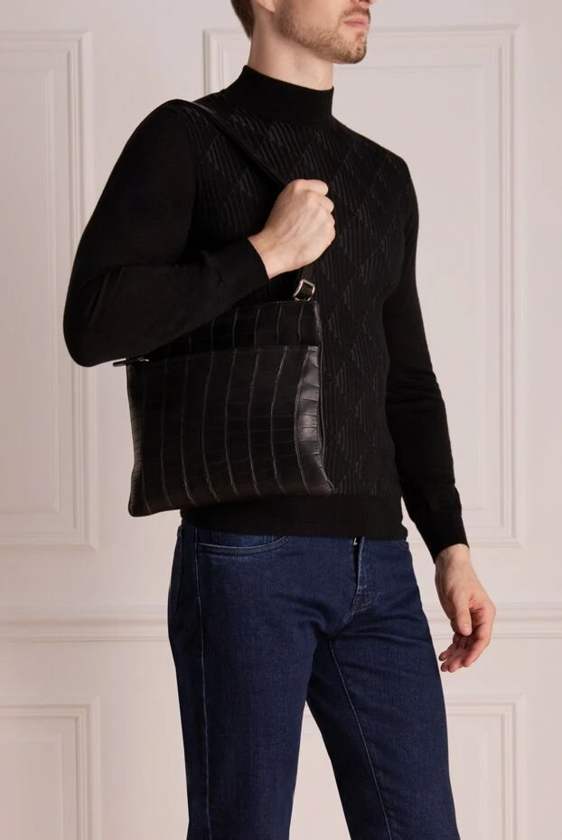 Сумка через плечо из натуральной кожи и кожи аллигатора коричневая мужская - фото 2