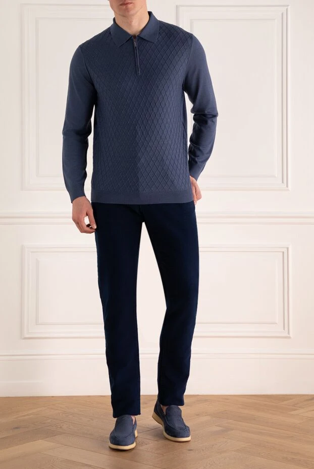 Cesare di Napoli man wool, silk and cashmere long sleeve polo blue for men купить с ценами и фото 141445 - photo 2