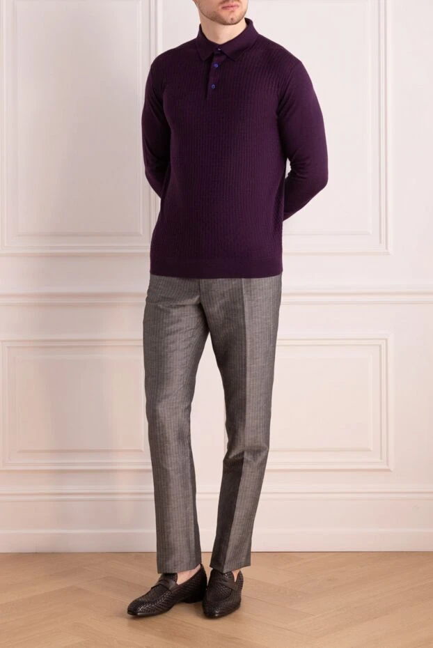 Cesare di Napoli man wool, silk and cashmere long sleeve polo violet for men купить с ценами и фото 141450 - photo 2