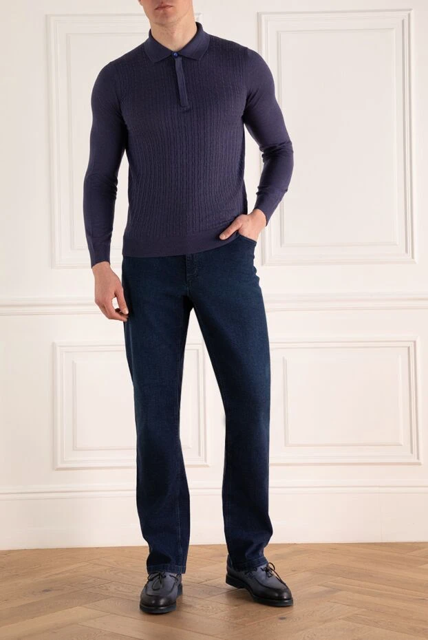 Cesare di Napoli man wool, silk and cashmere long sleeve polo blue for men купить с ценами и фото 141971 - photo 2