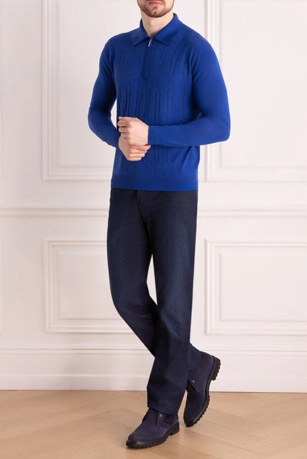 Cesare di Napoli man long sleeve polo in silk and cashmere blue for men купить с ценами и фото 142496 - photo 2