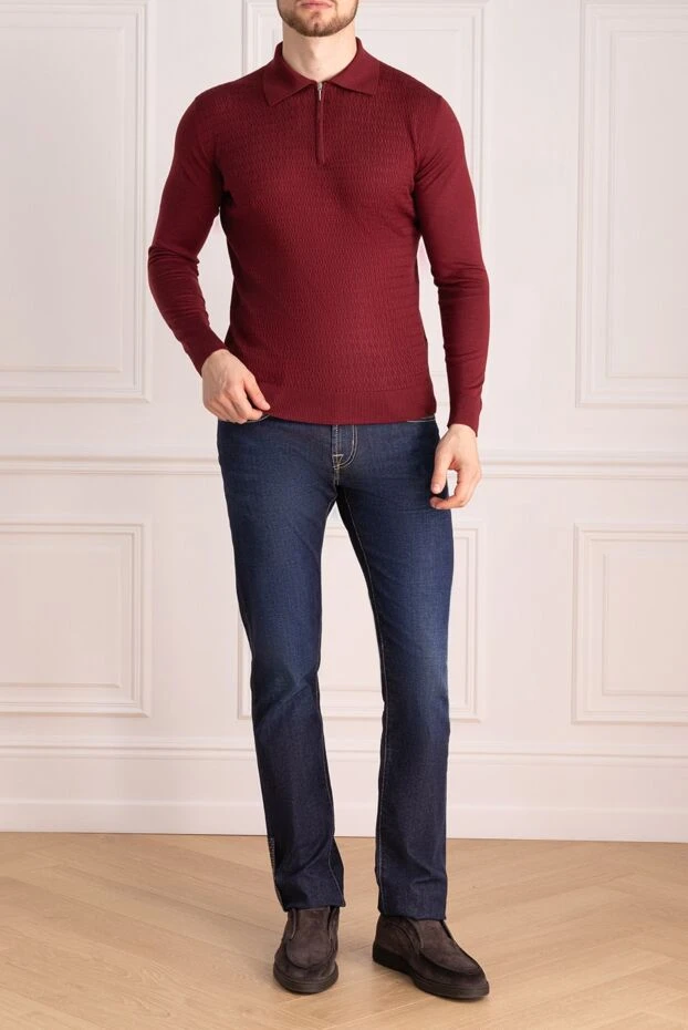 Cesare di Napoli man wool, silk and cashmere long sleeve polo burgundy for men купить с ценами и фото 142498 - photo 2