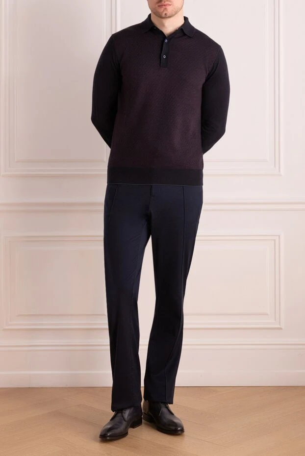 Dark blue long-sleeve polo shirt in silk and cashmere with textured insert
- photo 2