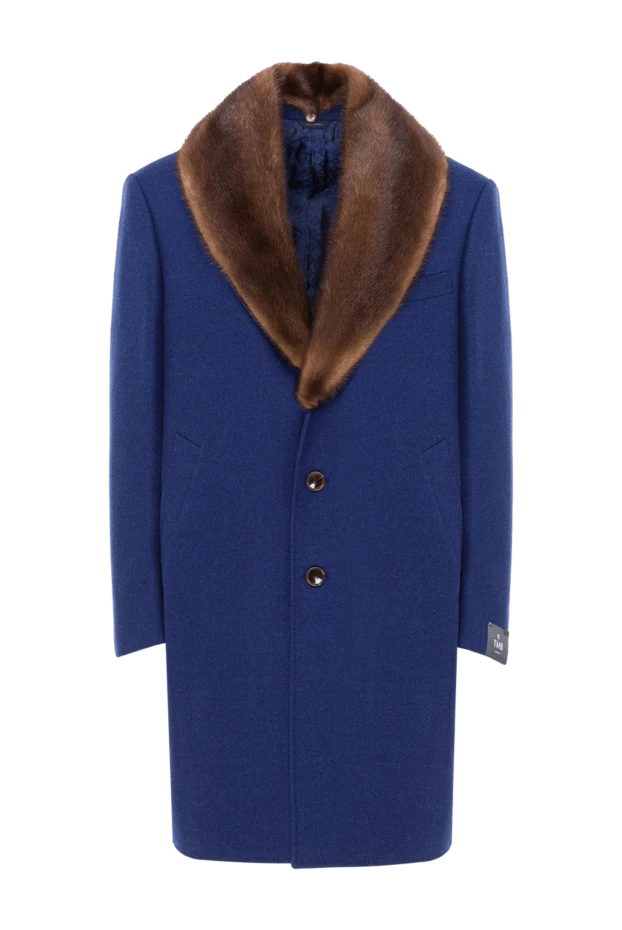Пальто-честерфилд шерстяное синее с контрастным шалевым воротником мужское - фото 1