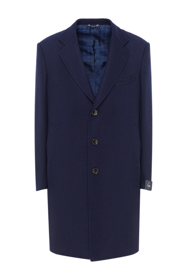 Пальто классическое шерстяное синее с контрастным меховым шалевым воротником мужское - фото 1