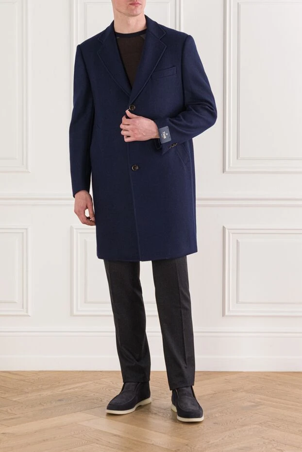 Tombolini пальто классическое шерстяное синее с контрастным меховым шалевым воротником мужское 142776 - фото 2