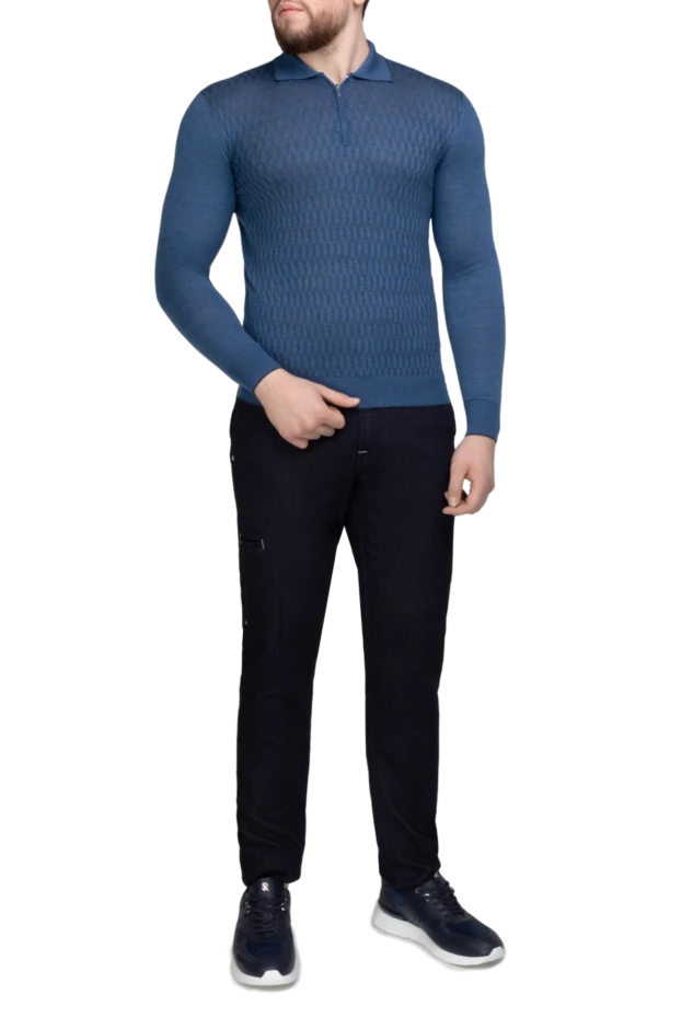 Cesare di Napoli man long sleeve polo in silk and cashmere blue for men купить с ценами и фото 142926 - photo 2