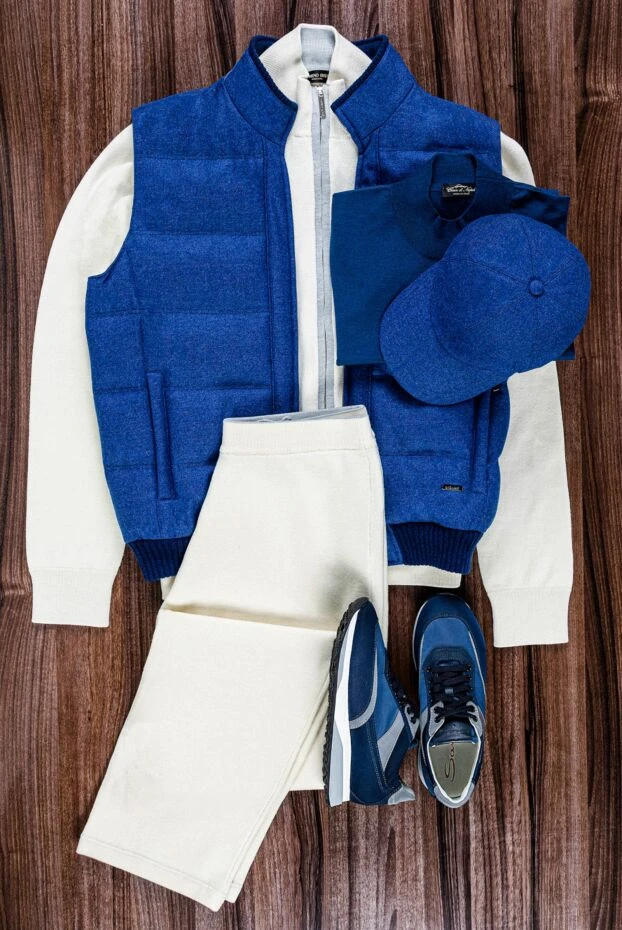 Cesare di Napoli тік жағасы және қарама-қарсы түсті бөлшектері бар ерлерге арналған бежевый спорттық костюм 143012 - фото 2