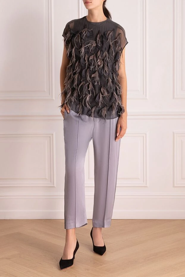 Brunello Cucinelli woman gray viscose and acetate trousers for women купить с ценами и фото 143486 - photo 2