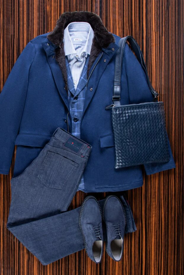 Ерлерге арналған көк кашемир күртеше қарама-қарсы аң терісі жаға - фото 2