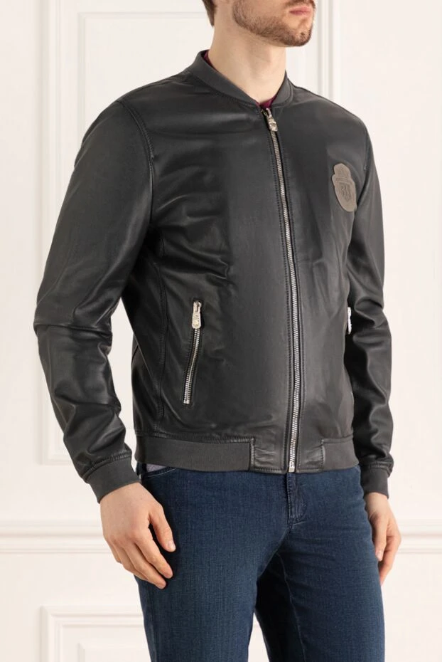 Billionaire куртка-бомбер темно-серая кожаная декорированная эмблемой бренда мужская 144510 - фото 3