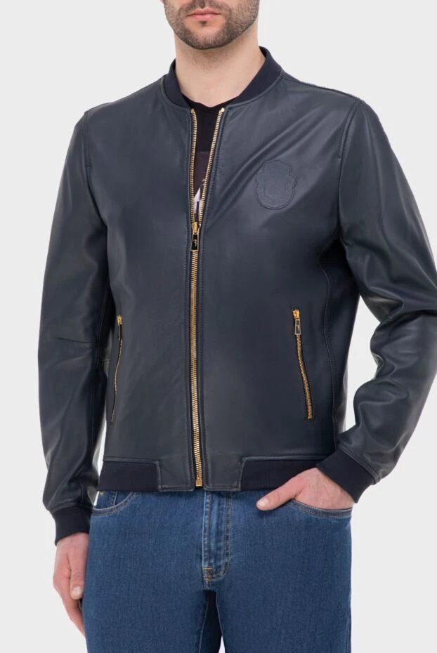 Billionaire куртка-бомбер кожаная синяя с яркими молниями и логотипом в тон мужская 144514 - фото 3