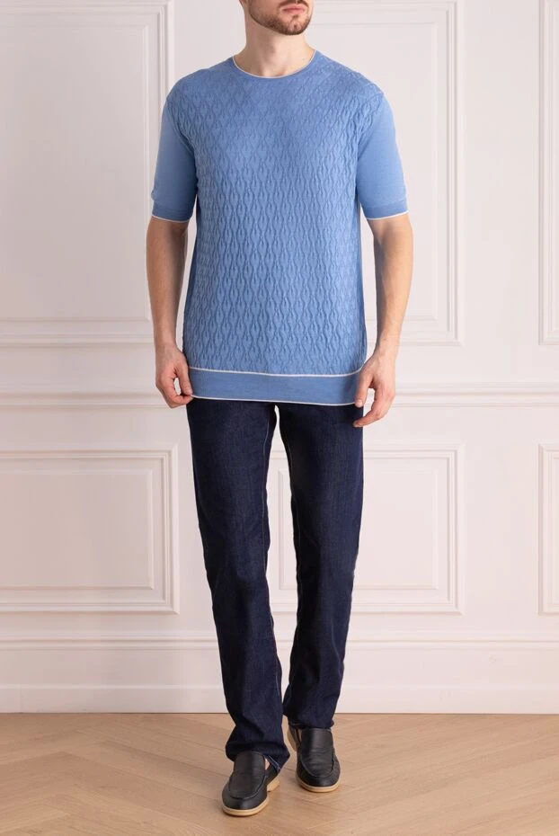 Cesare di Napoli man short sleeve jumper in silk and cotton blue for men купить с ценами и фото 144612 - photo 2