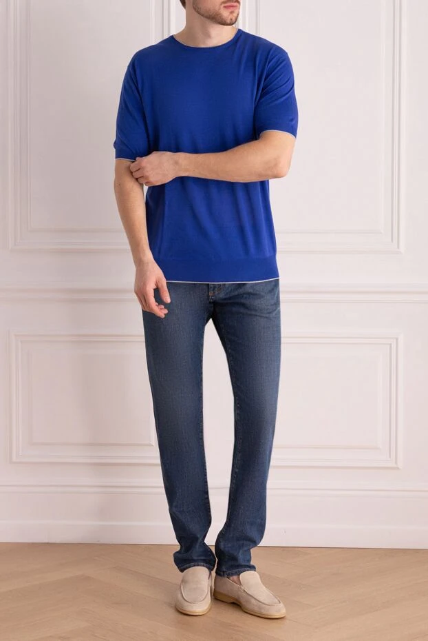 Cesare di Napoli man short sleeve jumper in silk and cotton blue for men купить с ценами и фото 144744 - photo 2