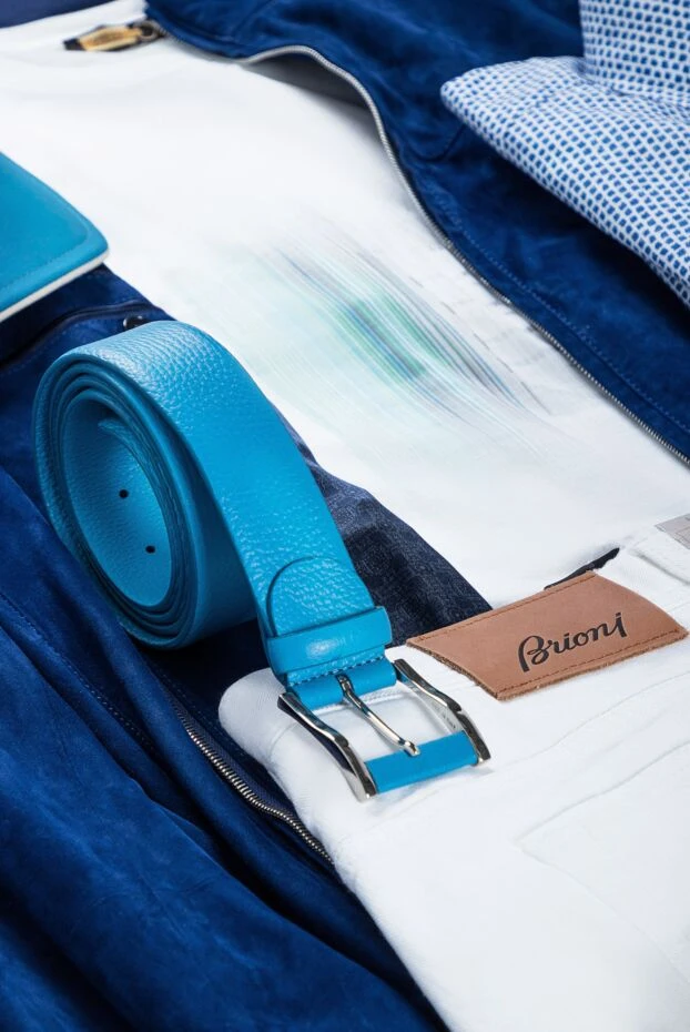 Cesare di Napoli ремень кожаный фактурный ярко-голубой мужской 145180 - фото 2