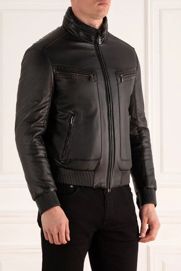 Brioni чёрная куртка из гладкой кожи с фактурными вставками из кожи крокодила 146256 - фото 3