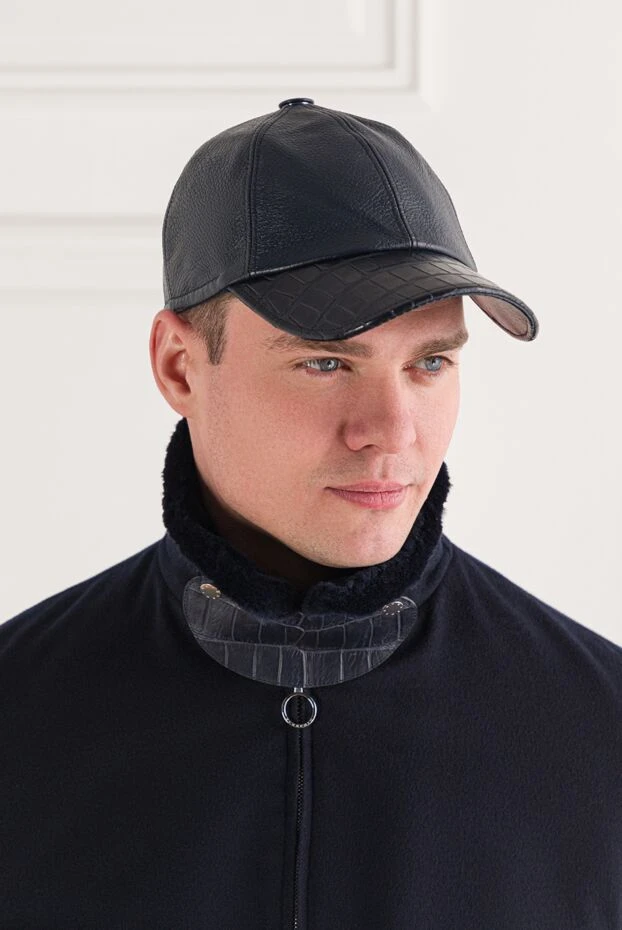 Leather cap with crocodile leather visor blue for men - photo 2