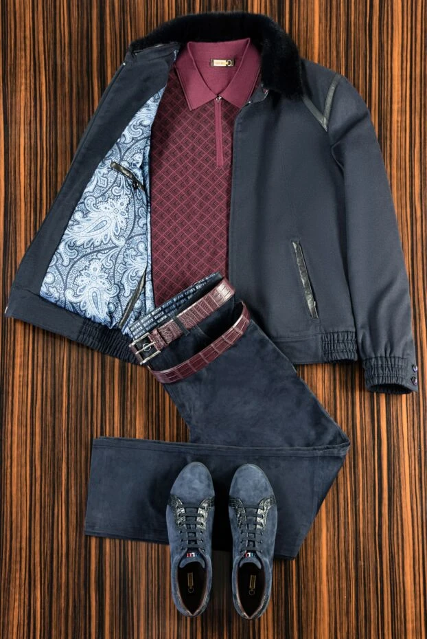 Куртка из кашемира, шерсти и натурального меха синяя мужская - фото 2