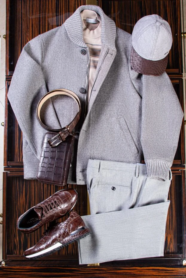 Кашемирден және шынайы былғарыдан жасалған сұр түсті ерлерге арналған қалпақ - фото 2