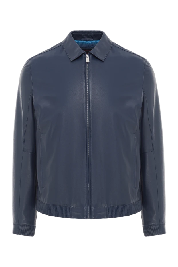 Куртка кожаная классическая синяя мужская с отложным воротником - фото 1