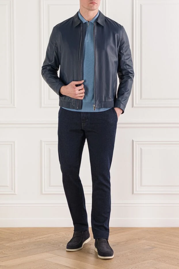 Torras куртка кожаная классическая синяя мужская с отложным воротником 147011 - фото 2