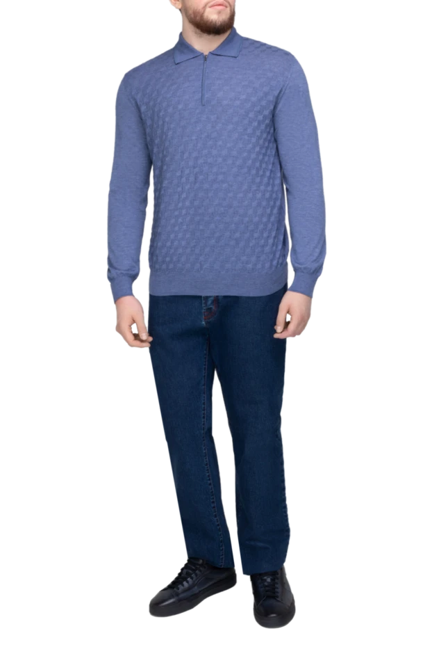 Cesare di Napoli man long sleeve polo in silk and cashmere blue for men купить с ценами и фото 147208 - photo 2