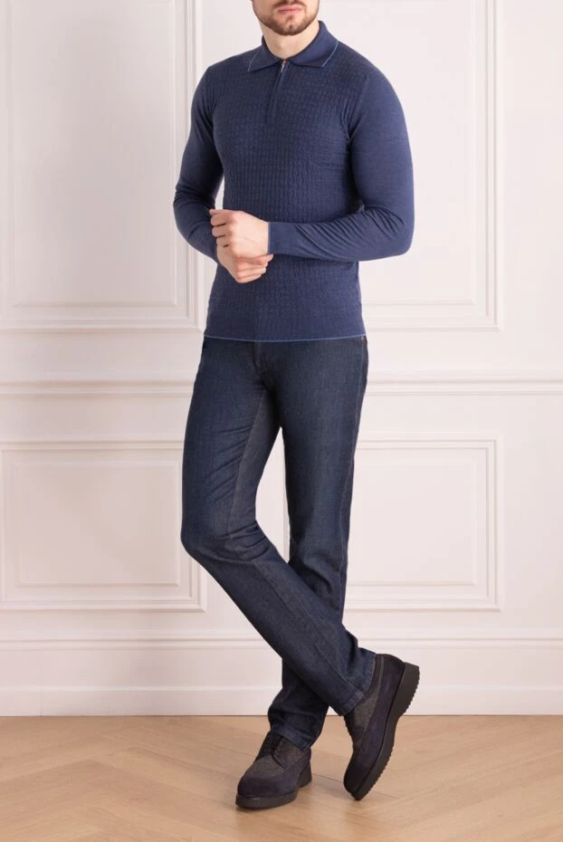 Cesare di Napoli man long sleeve polo in silk and cashmere blue for men купить с ценами и фото 147337 - photo 2