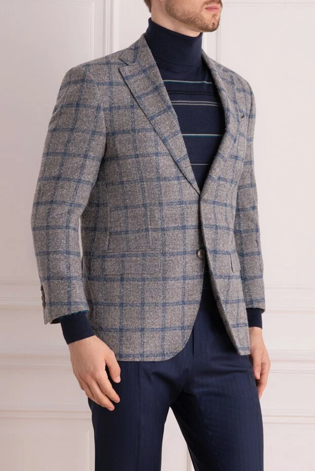 Sartoria Latorre men's grey wool jacket with alpaca large blue check
 147420 - photo 3