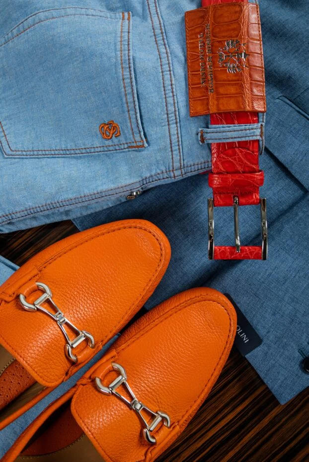 Cesare di Napoli ремень фактурный из кожи крокодила красный мужской 147582 - фото 2