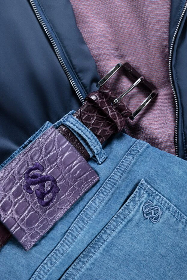 Күлгін-бордовый текстуралы крокодил терісінен жасалған белдік ерлерге арналған - фото 2